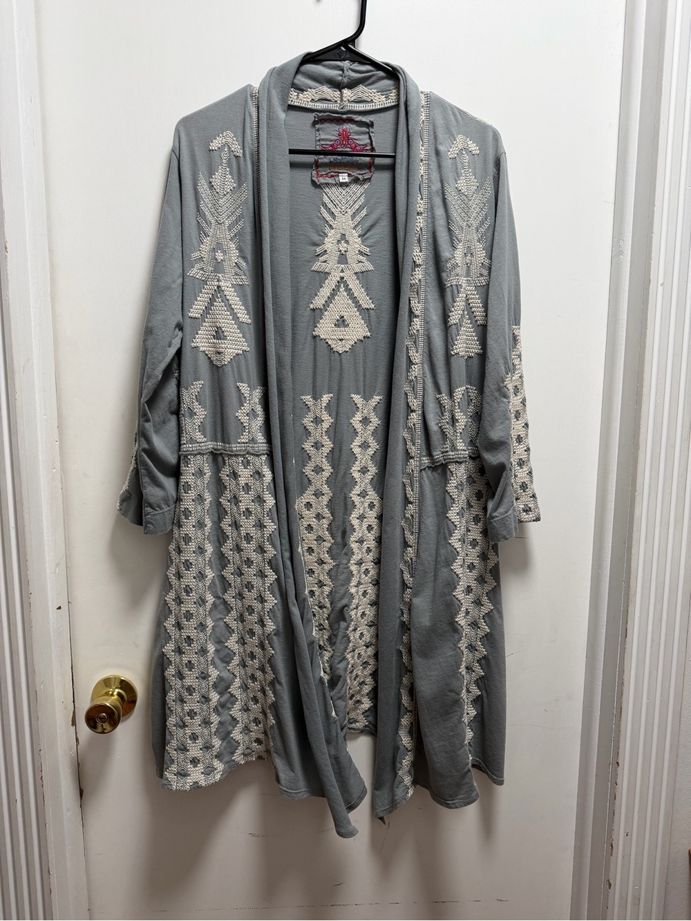 Johnny Was Tracy Knit Duster Coat Cardigan Sz M Gray Open Front Embroidery Boho